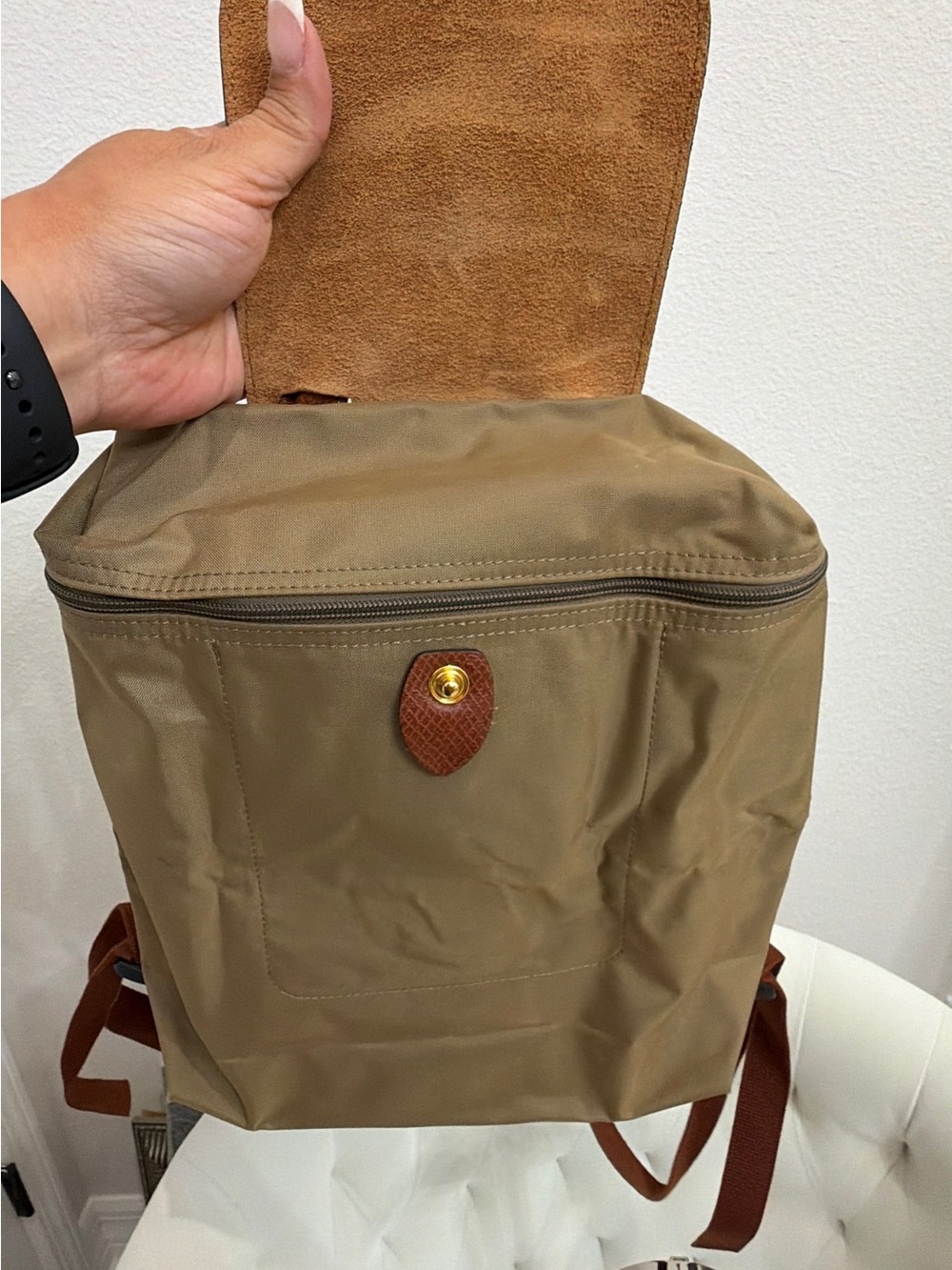 Longchamp Olive/Brown Original Backpack with Gold Snap L1699089P49 - Picture 7 of 10